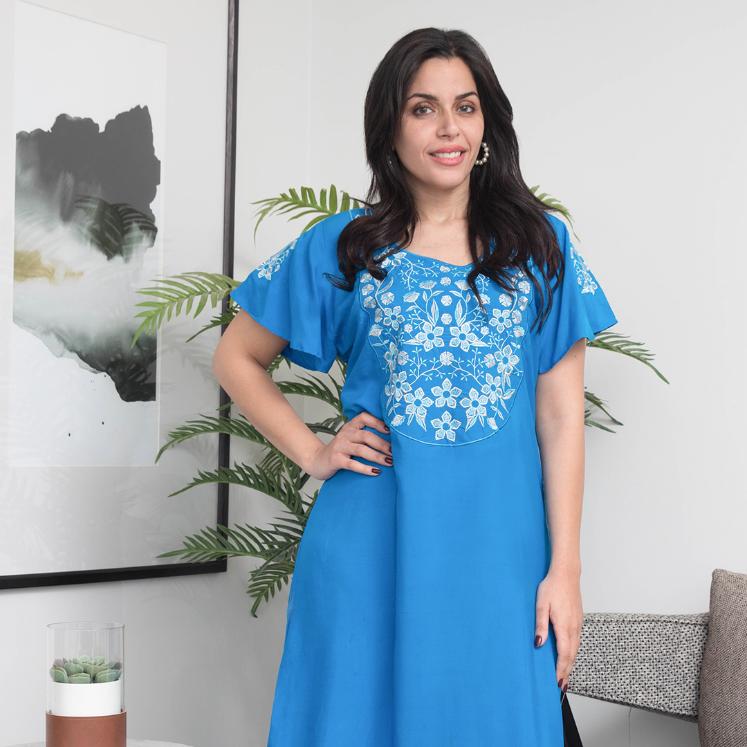 قميص فسكوز 3 نص كم ساده مطرز ورد