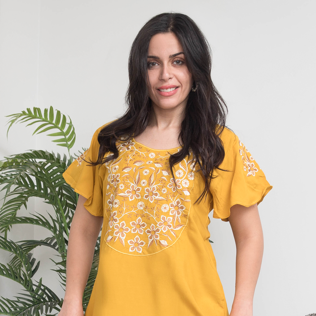 قميص فسكوز 3 نص كم ساده مطرز ورد