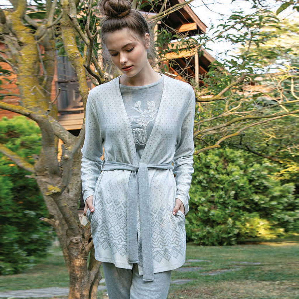 Women's pajamas embroidered deer, 3 pieces, robe