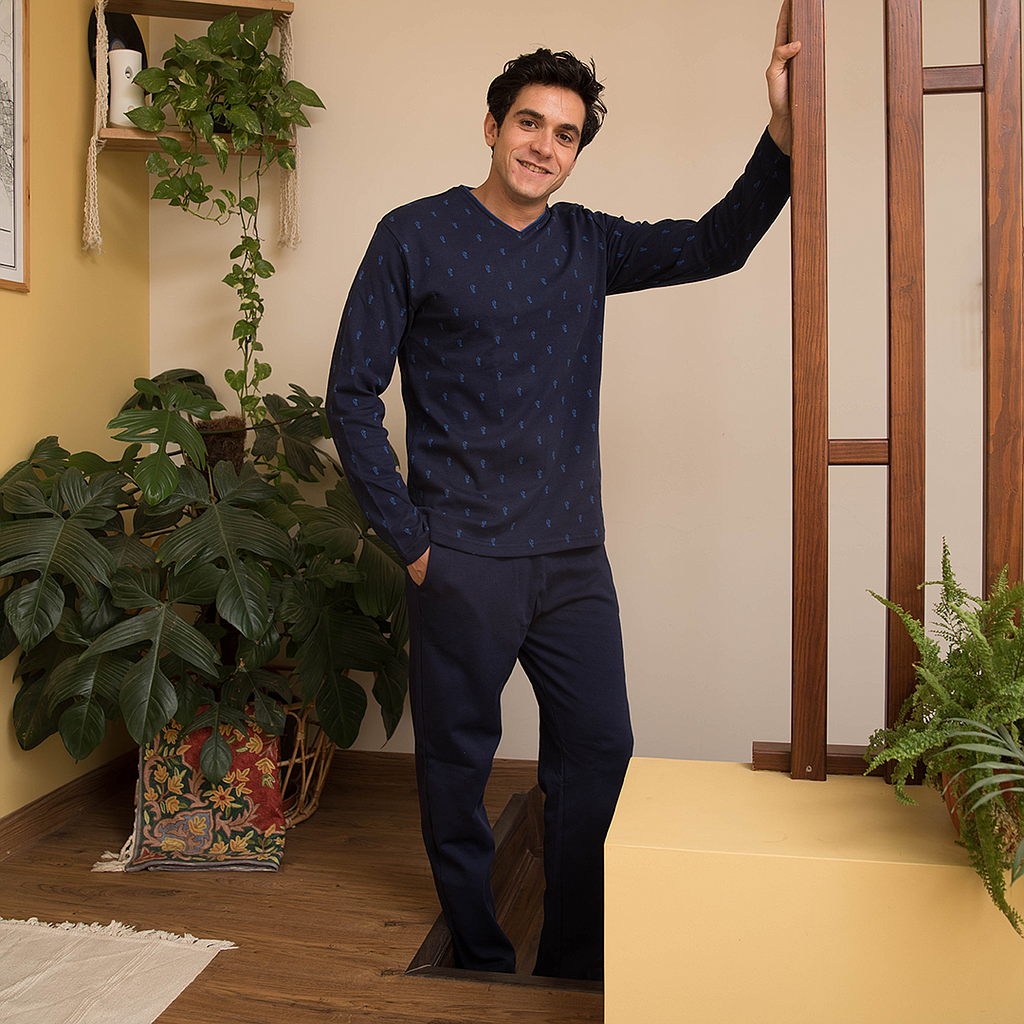 Men's navy blue hippo print pajamas
