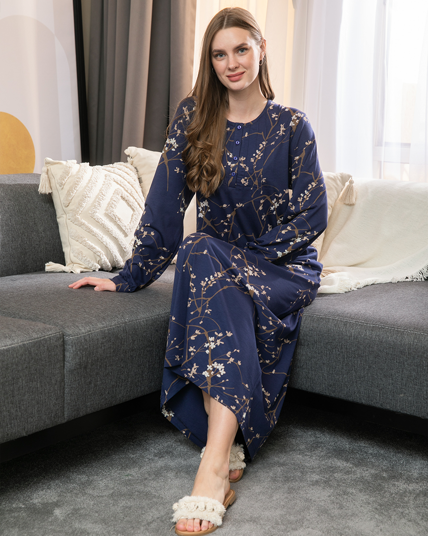 قميص نوم حريمي طويل بكم راوند زراير اوراق الشجر