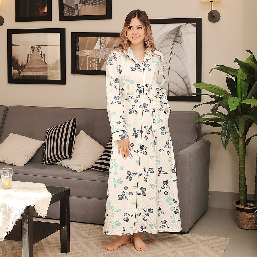 Almond flower printed capitone robe