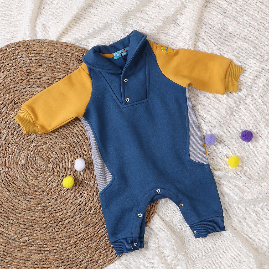 Jumpsuit with a basic collar, blue x yellow