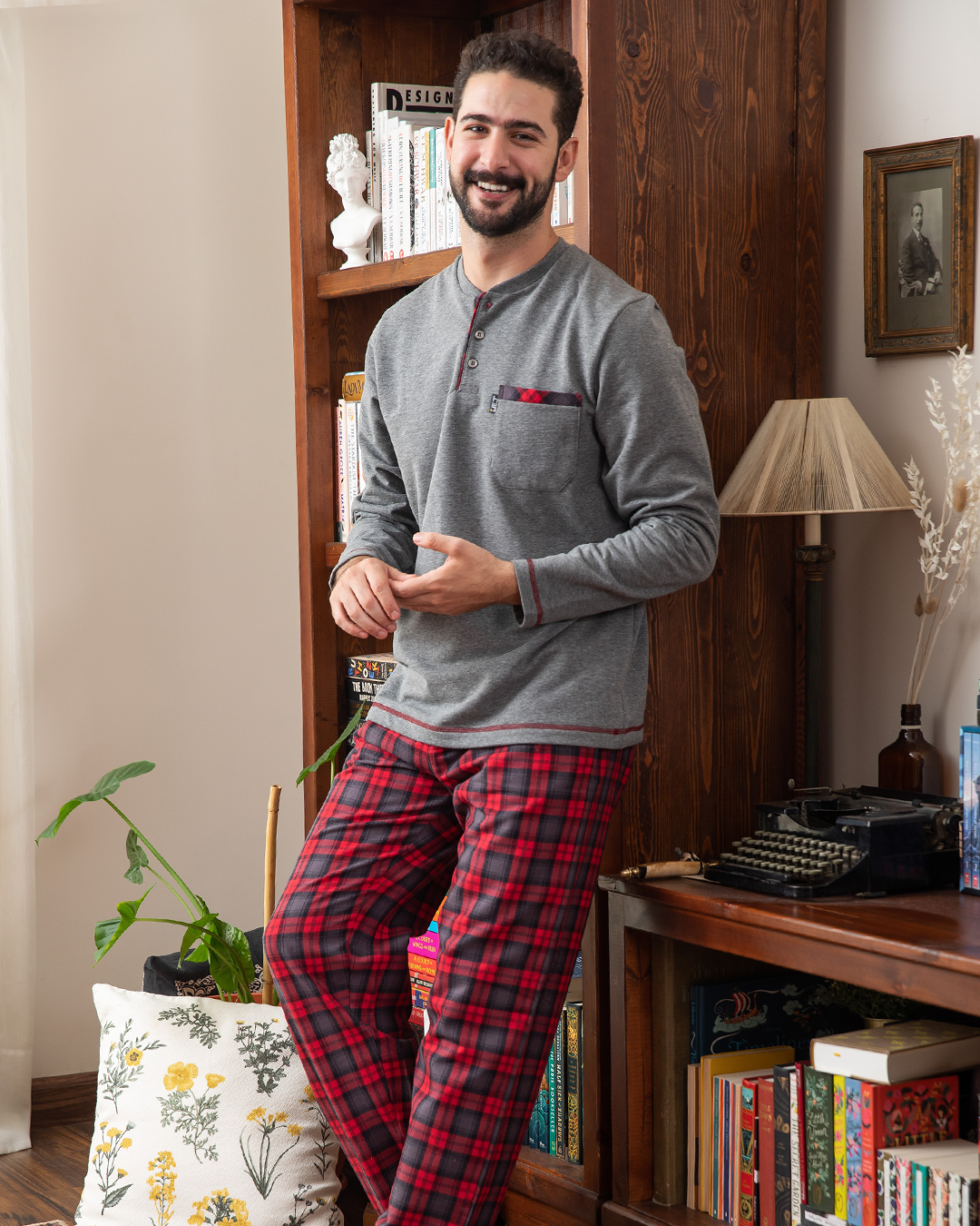 Men's pajamas with a button-up neck and checkered pants