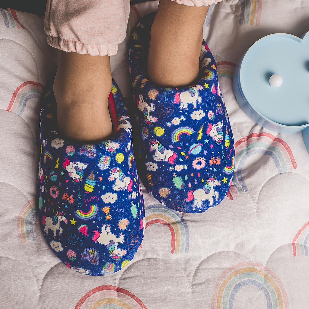 My kids' unicorn and rainbow slippers