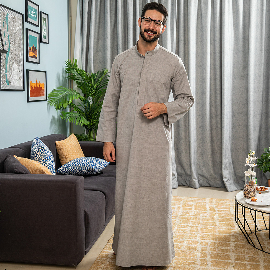 Jalabiya for men, plain, half collar, pocket