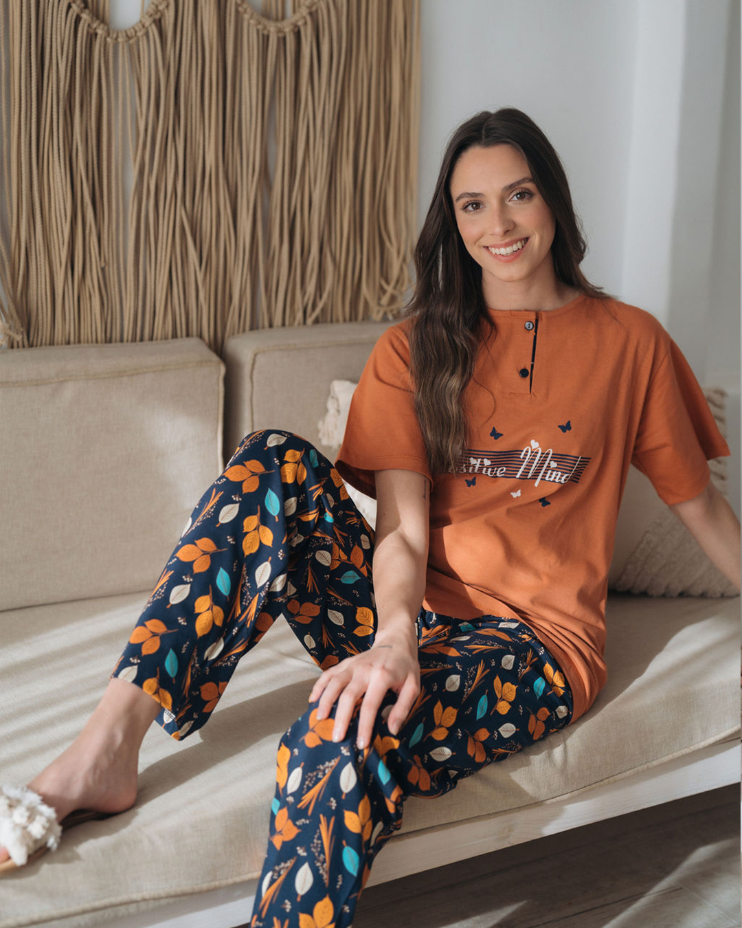 Women's pajama half sleeve polo with leaf