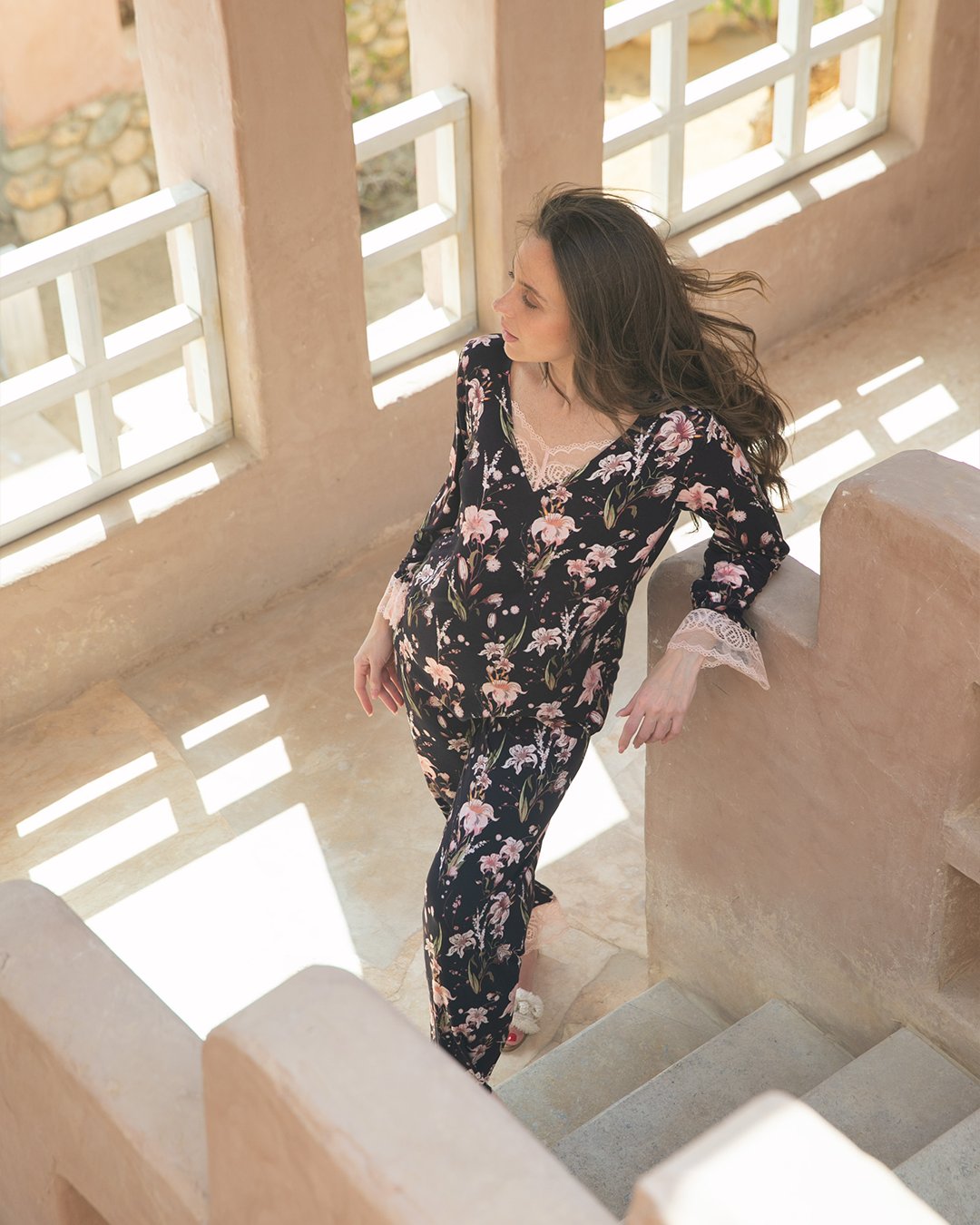 Women's pajamas, seven sleeves, full lace, wooded